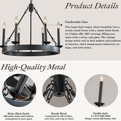 26'' Modern Farmhouse Black Candelabra Chandelier Round Rustic Industrial Candle Pendant Light
