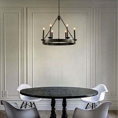 26'' Modern Farmhouse Black Candelabra Chandelier Round Rustic Industrial Candle Pendant Light