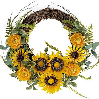 16 Inch Artificial Sunflower and Peony Wreath for Front Door Decor