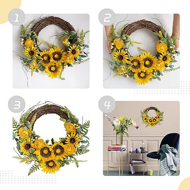 16 Inch Artificial Sunflower and Peony Wreath for Front Door Decor