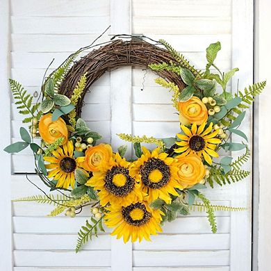 16 Inch Artificial Sunflower and Peony Wreath for Front Door Decor