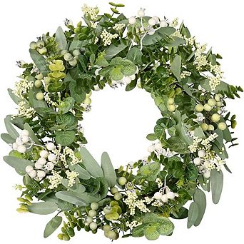 Artificial Eucalyptus and Boxwood Wreath with Berries, 22-Inch Year-Round Front Door Decor