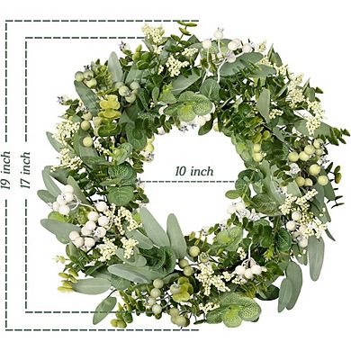 Artificial Eucalyptus and Boxwood Wreath with Berries, 22-Inch Year-Round Front Door Decor