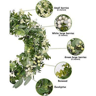 Artificial Eucalyptus and Boxwood Wreath with Berries, 22-Inch Year-Round Front Door Decor