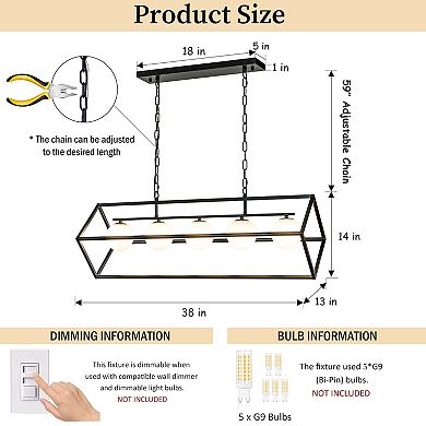 5-Light Matte Black Bubble Chandelier Square/Rectangle Industrial Light Fixrures for Dining Room