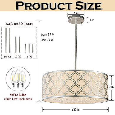 5 Light 22" Modern Classic Linen Drum Matte Vintage Silver Chandelier for Dining Room, Bedroom