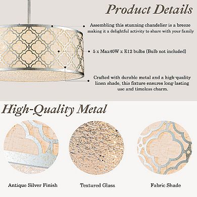5 Light 22" Modern Classic Linen Drum Matte Vintage Silver Chandelier for Dining Room, Bedroom