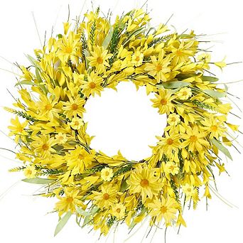 21" Forsythia and Daisy Spring Wreath with Lavender for Front Door & Home Décor