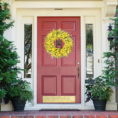 21" Forsythia and Daisy Spring Wreath with Lavender for Front Door & Home Décor