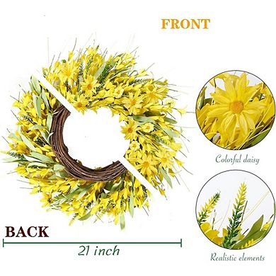 21" Forsythia and Daisy Spring Wreath with Lavender for Front Door & Home Décor