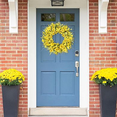 21" Forsythia and Daisy Spring Wreath with Lavender for Front Door & Home Décor