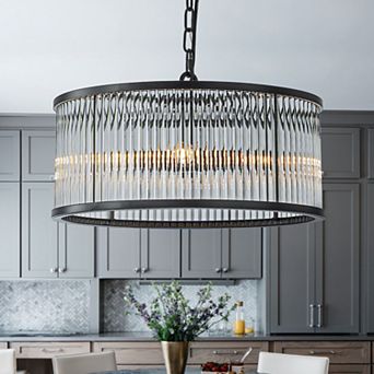 Modern Glam Black 4-Light Glass Drum Chandelier Contemporary Hanging Light For Living Room Entryway