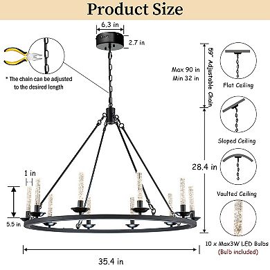 35'' Transitional Black LED Chandelier With Unique Bubble Tube Round Modern Farmhouse Chandelier