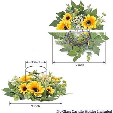 2 Pcs Mini Sunflower Candle Rings for Table, Window, and Home Decor (9 Inches)