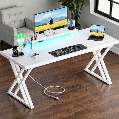 Lufeiya Gaming Desk with USB, Computer Desk with Monitor Riser for Home Office, Office Desk