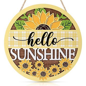 3D "Hello Sunshine" Front Door Sign Wreath, Yellow Buffalo Plaid Sunflower Rustic Summer Hanger