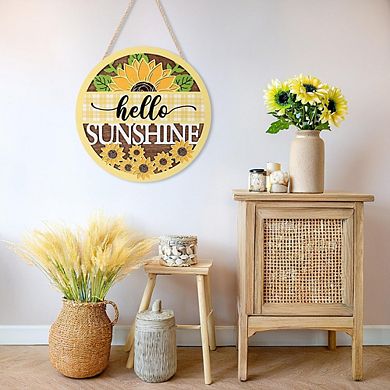3D "Hello Sunshine" Front Door Sign Wreath, Yellow Buffalo Plaid Sunflower Rustic Summer Hanger