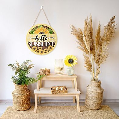 3D "Hello Sunshine" Front Door Sign Wreath, Yellow Buffalo Plaid Sunflower Rustic Summer Hanger