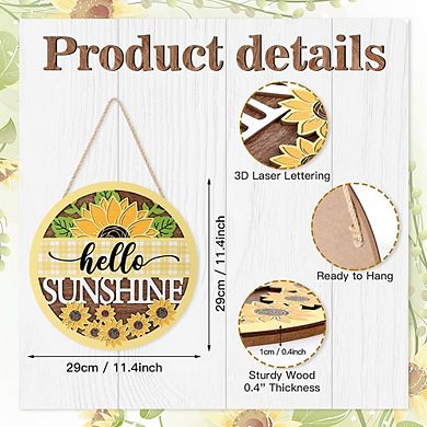3D "Hello Sunshine" Front Door Sign Wreath, Yellow Buffalo Plaid Sunflower Rustic Summer Hanger