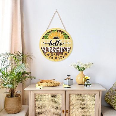 3D "Hello Sunshine" Front Door Sign Wreath, Yellow Buffalo Plaid Sunflower Rustic Summer Hanger