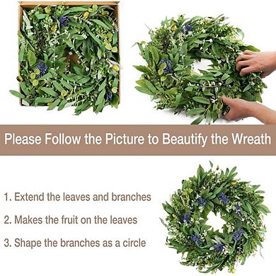 22in Front Door Wreath with Eucalyptus, Olive & Boxwood Leaves for Spring and Summer