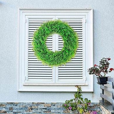 22" Artificial Boxwood Wreath for Front Door, Indoor Outdoor Greenery Decor