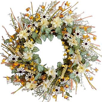 22-Inch Fall Wreath with Yellow & White Daisies, Wheat & Green Leaves for Home Decor