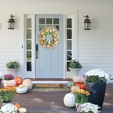 22-Inch Fall Wreath with Yellow & White Daisies, Wheat & Green Leaves for Home Decor