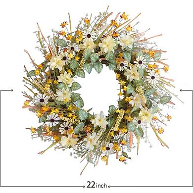 22-Inch Fall Wreath with Yellow & White Daisies, Wheat & Green Leaves for Home Decor