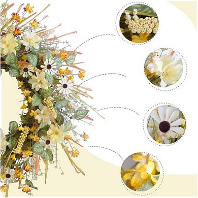 22-Inch Fall Wreath with Yellow & White Daisies, Wheat & Green Leaves for Home Decor