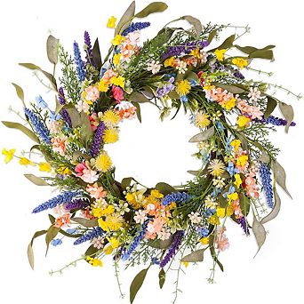 22" Colorful Wildflower Wreath with Green Leaves for Front Door & Home Decor