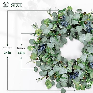 24" Eucalyptus Wreath with Olive Leaves & Berries, Handmade for All-Year Decor