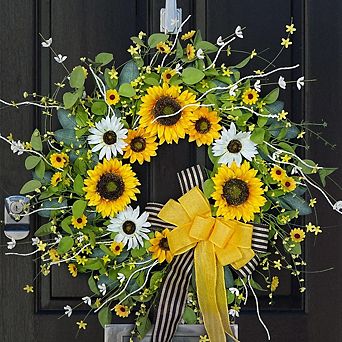 Sunflower Wreath with Burlap Bow, Spring/Summer Front Door Decor for All Seasons