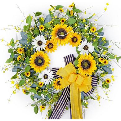 Sunflower Wreath with Burlap Bow, Spring/Summer Front Door Decor for All Seasons