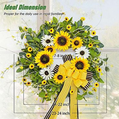 Sunflower Wreath with Burlap Bow, Spring/Summer Front Door Decor for All Seasons