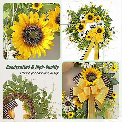 Sunflower Wreath with Burlap Bow, Spring/Summer Front Door Decor for All Seasons