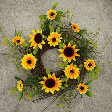 12in Rustic Sunflower and Twig Wreath Full Green Year-Round Indoor & Outdoor Decor