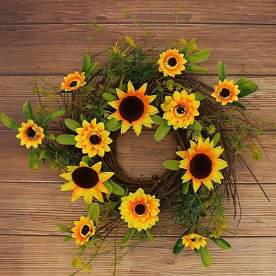12in Rustic Sunflower and Twig Wreath Full Green Year-Round Indoor & Outdoor Decor