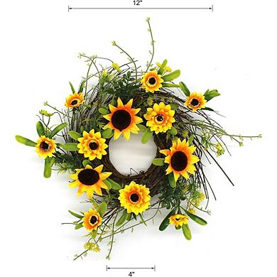 12in Rustic Sunflower and Twig Wreath Full Green Year-Round Indoor & Outdoor Decor
