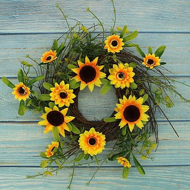 12in Rustic Sunflower and Twig Wreath Full Green Year-Round Indoor & Outdoor Decor