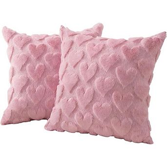 2 pc Valentine’s Day Pillow Covers 18x18 Pink Heart Plush Throw Pillows for Sofa