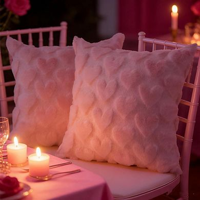 2pcs Valentine’s Day Pillow Covers 18x18 Pink Heart Plush Throw Pillows for Sofa