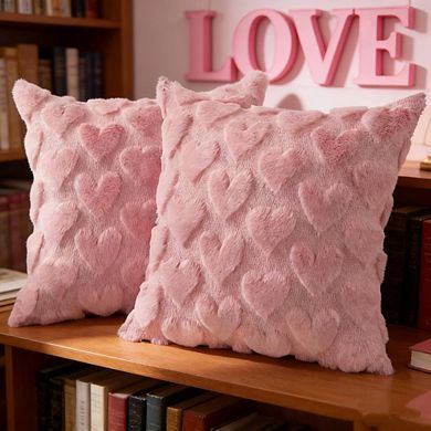 2pcs Valentine’s Day Pillow Covers 18x18 Pink Heart Plush Throw Pillows for Sofa