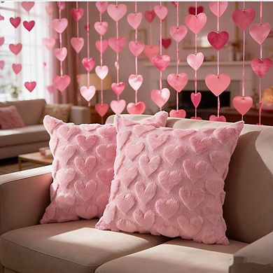 2pcs Valentine’s Day Pillow Covers 18x18 Pink Heart Plush Throw Pillows for Sofa