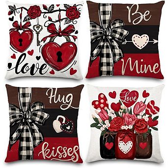 Set of 4 Valentine’s Pillow Covers 18x18, Red Buffalo Plaid Heart Decor