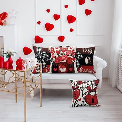 Set of 4 Valentine’s Pillow Covers 18x18, Red Buffalo Plaid Heart Decor