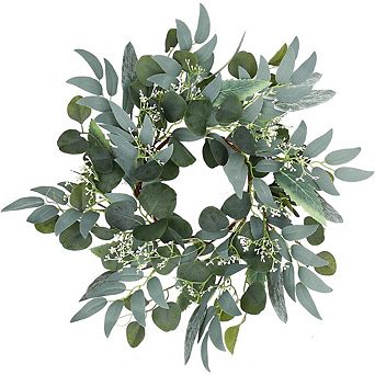 15 in Artificial Eucalyptus Wreath with White Flowers Mini Spring/Summer Front Door Decor