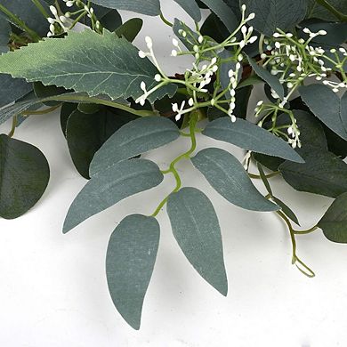 15in Artificial Eucalyptus Wreath with White Flowers Mini Spring/Summer Front Door Decor