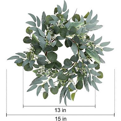 15in Artificial Eucalyptus Wreath with White Flowers Mini Spring/Summer Front Door Decor