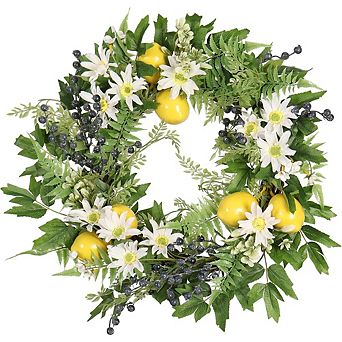 20" Floral Lemon Wreath with Eucalyptus and Daisy for Front Door, Window, & Wall